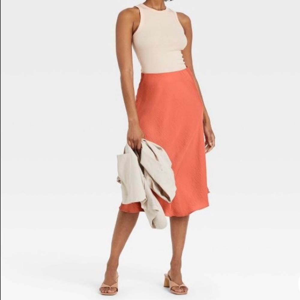 Deep Terracotta/Burnt Orange Satin-Feel Midi Skirt